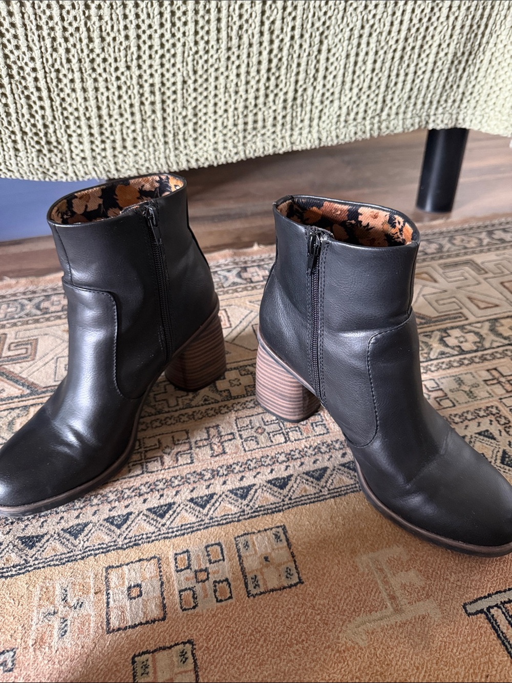 Kork-Ease Black Leather Ankle Boots with Stacked Wood Heel